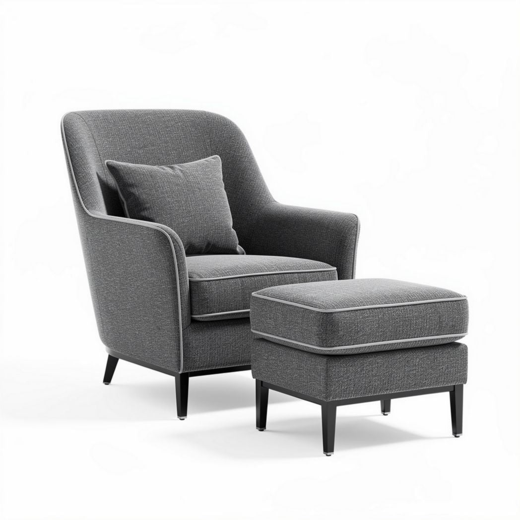 Gray upholstered armchair with matching ottoman dimensions 85 x 80 x 90cm