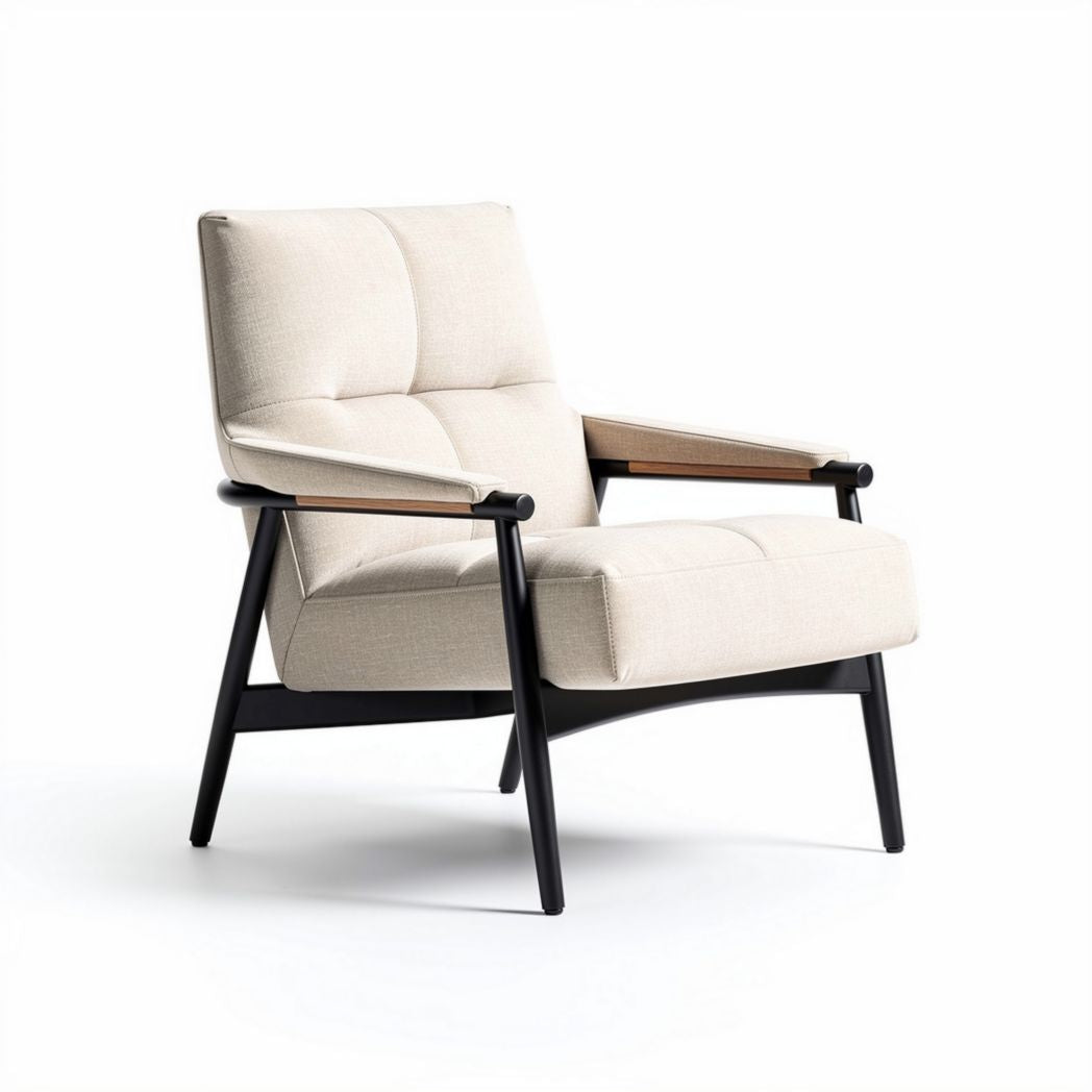 Linen upholstered accent chair with wooden armrests in cream color 80 x 70 x 90cm