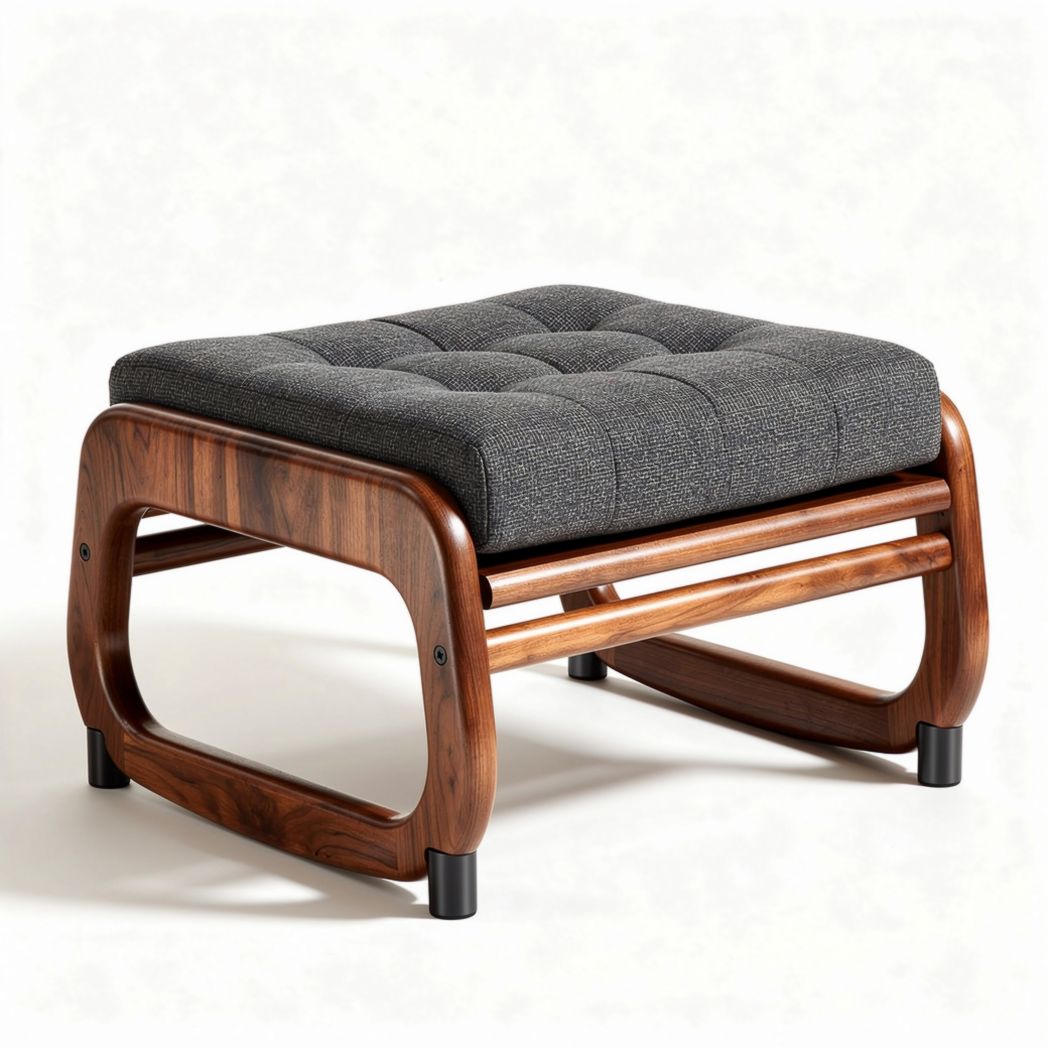 Leather and fabric upholstered ottoman with metal legs 70 x 60 x 40cm