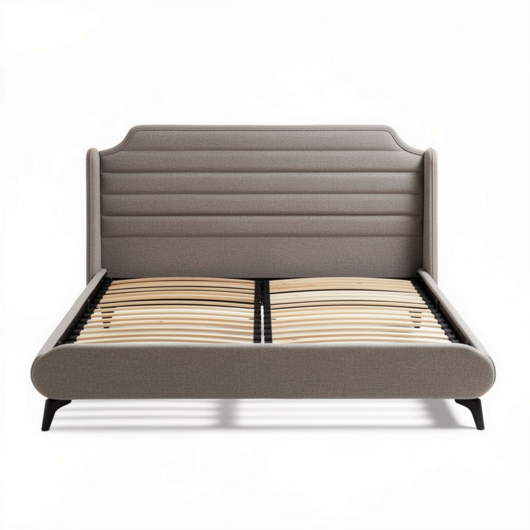 Upholstered bed frame with wooden slats and modern design in grey 200 x 160 x 100cm