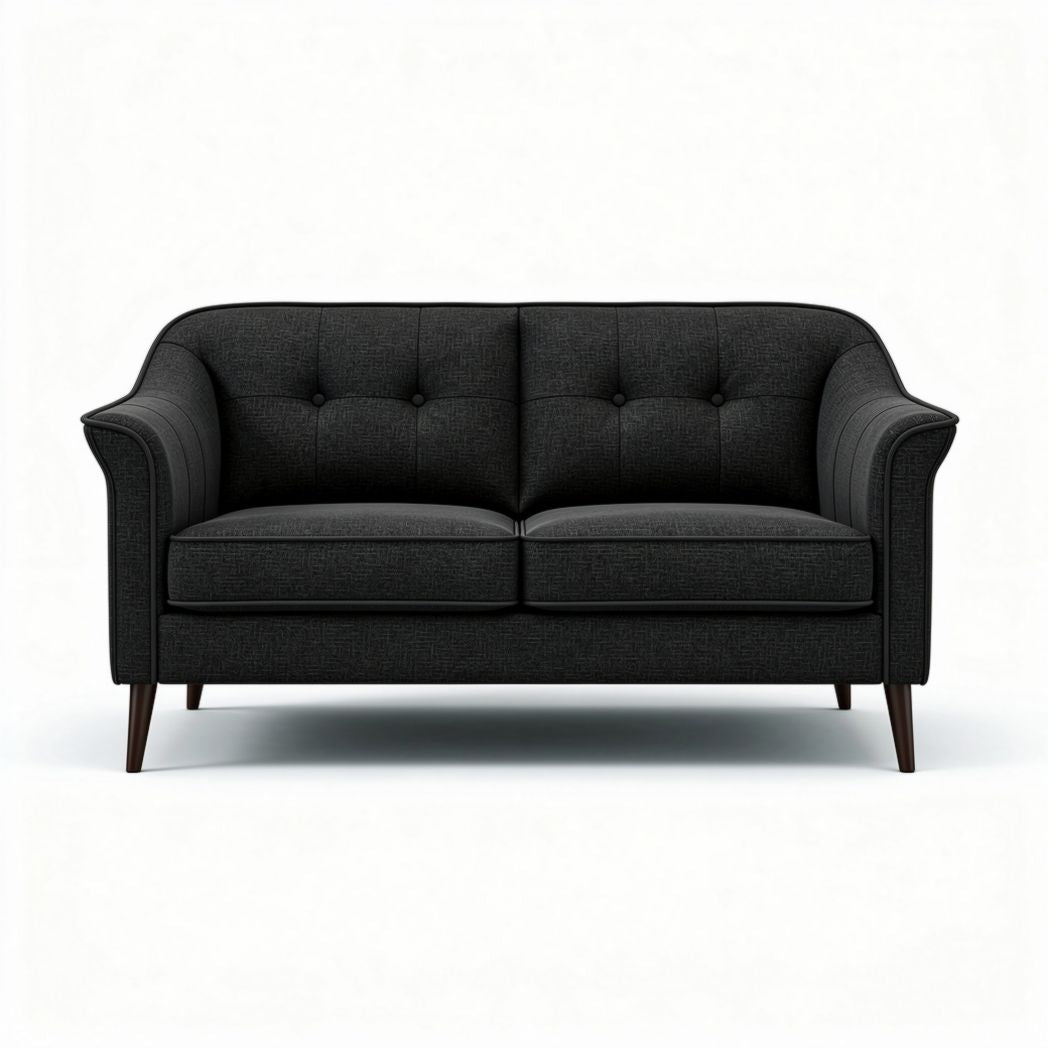 Black leather loveseat for living room seating with soft cushioning