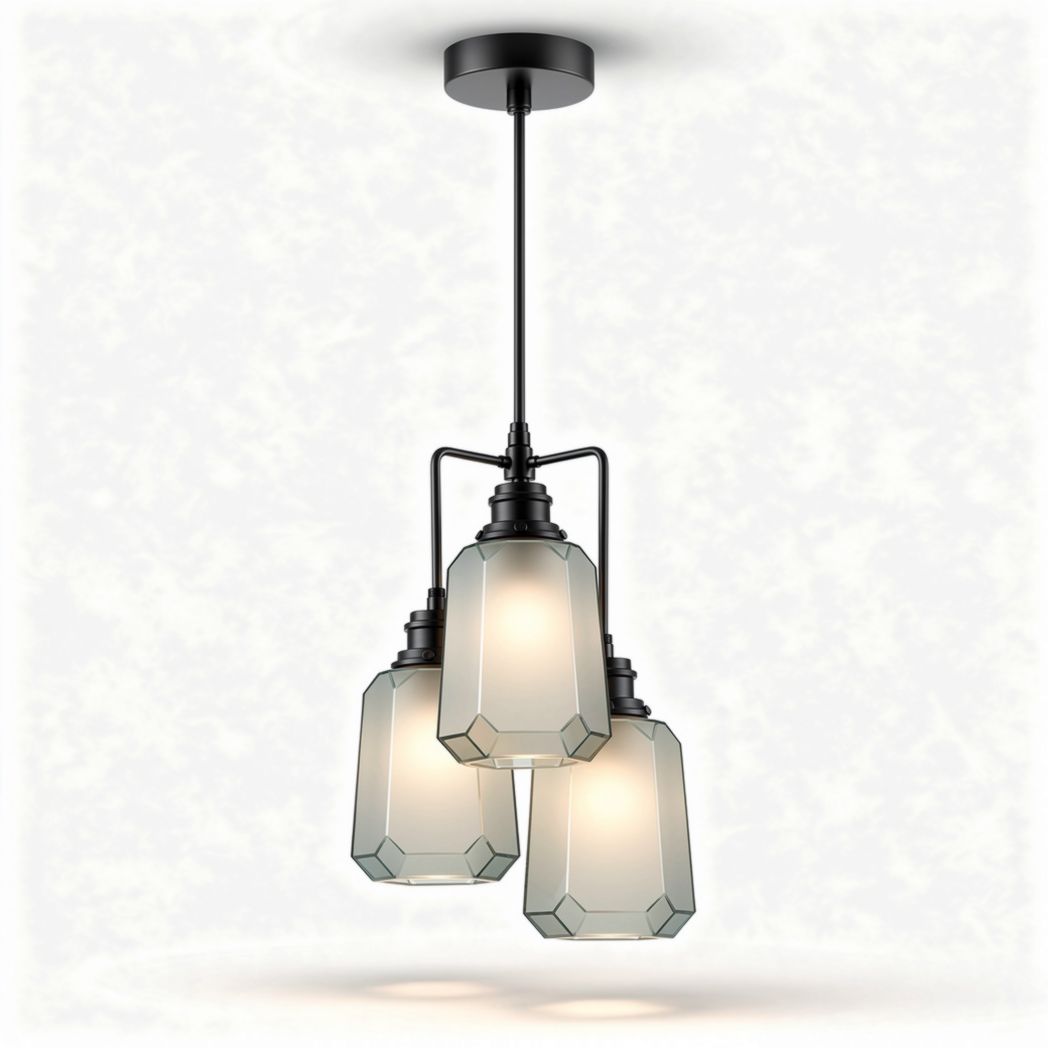 Three-light pendant lamp with glass shades and black metal finish 30 x 30 x 75cm
