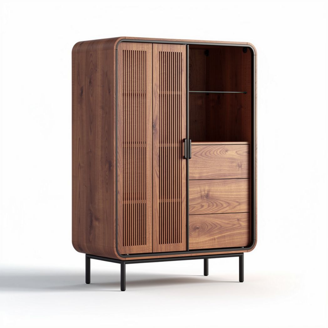 Wooden cabinet with sliding doors and drawers in walnut finish 120 x 60 x 150cm