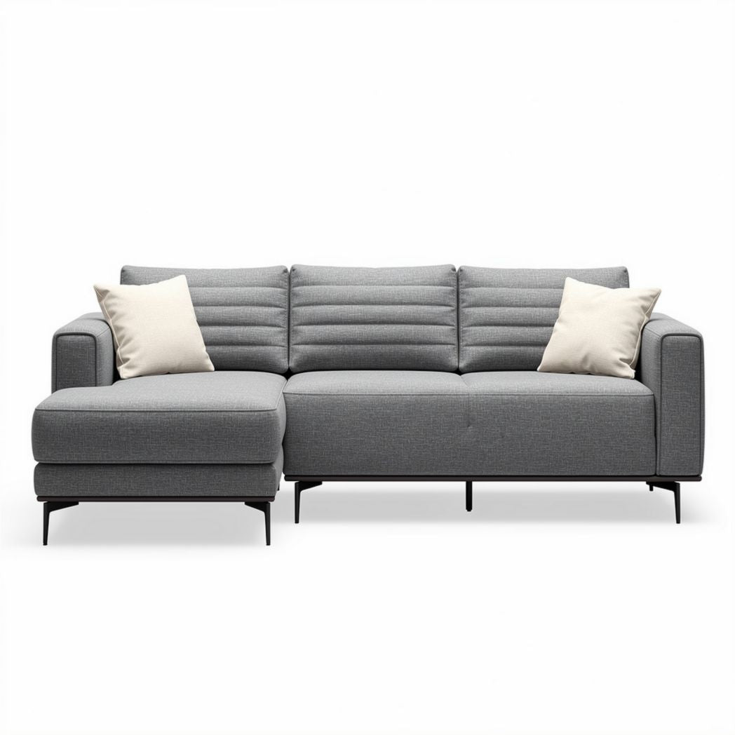 Modern grey fabric sectional sofa with left chaise and two accent pillows 230 x 150 x 85cm