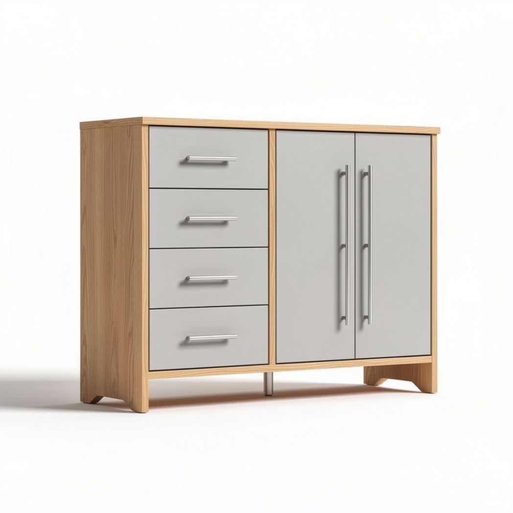 Wooden storage cabinet with grey drawers and double doors 80 x 40 x 80cm